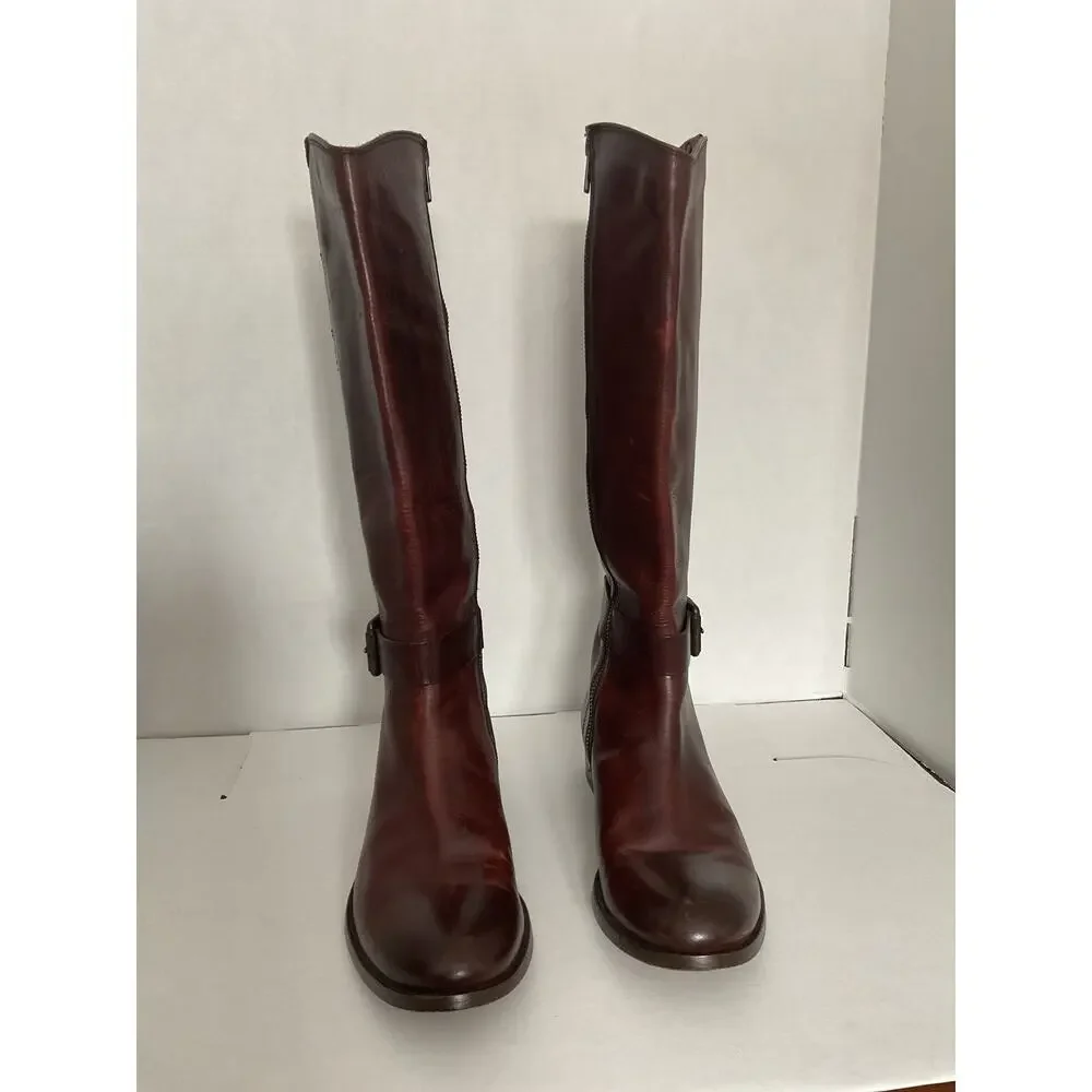 Frye - Melissa - Moto/Riding Tall boots - Redwood Brown Distressed Leather - 8B